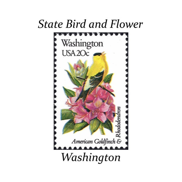 Five 20c WASHINGTON State Bird and Flower stamps | Vintage Unused US Postage Stamp | Pacific Northwest | Seattle | Stamps for Mailing