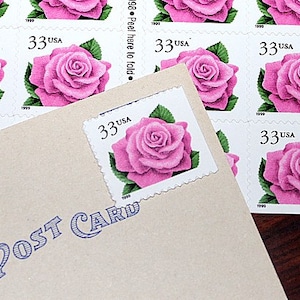 Roses roses II... Timbres-poste vintage inutilisés | Faire-part de mariage par la poste | Réservez vos dates | Fleurs roses | Timbres de jardinage | autocollant