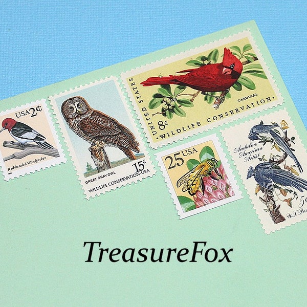Birds and Bees .. Unused Vintage US Postage Stamps ..  Enough to mail 5 letters | Honey bee stamp | Owls | Duck | Audubon Jays | Wildlife