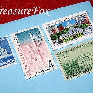 Washington DC | Selos postais antigos não utilizados | correio 5 cartas | taxa de 73c | Casa Branca, Memorial Jefferson, Flores de cerejeira, Capital dos EUA