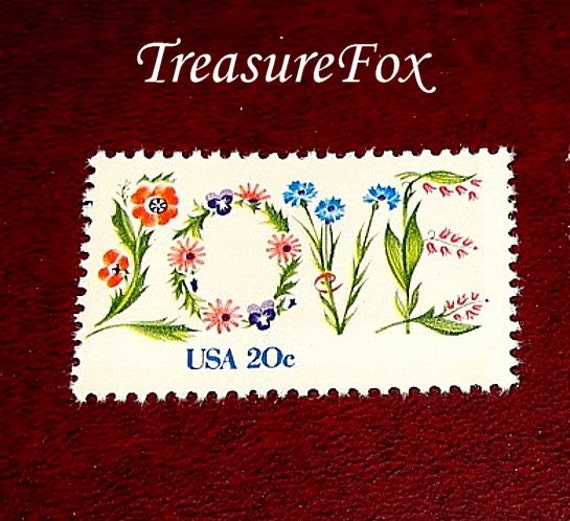 Set of 10 .. 20c Floral LOVE Stamp .. Unused Vintage Postage Stamps ..  Wedding invitation postage, Save the Dates, RSVPs, Valentines Cards