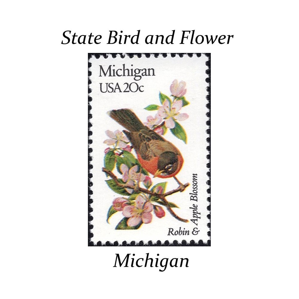 Five 20c MICHIGAN State Bird and Flower Stamp | Vintage Unused US