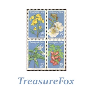Sellos de flora en peligro de extinción de 15 centavos. Paquete de 20. Sellos postales antiguos de EE. UU. sin usar. Trillium, haba, prímula, alhelí y flores.