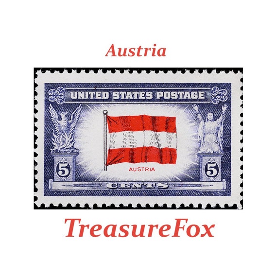 TEN 5c Flag of Austria .. Unused US Postage Stamps .. Pack of 10 stamps |  Bavaria | Sound of Music | Alps | Oktoberfest | Skiing | Honeymoon