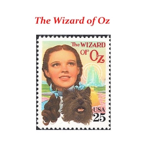 以下が含まれることがあります： オズの魔法使いの映画から、ジュディ・ガーランドが演じるドロシーを描いた、ヴィンテージのアメリカ合衆国の切手。切手には、ドロシーの犬トトと、背景にエメラルドシティも描かれている。切手には「オズの魔法使い」と「USA 25」の文字が書かれている。