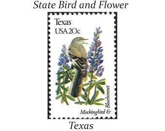 Five 20c TEXAS State Bird and Flower stamps | Vintage Unused US Postage Stamp | Bluebonnets | Southwestern Bride | Stamps for Mailing