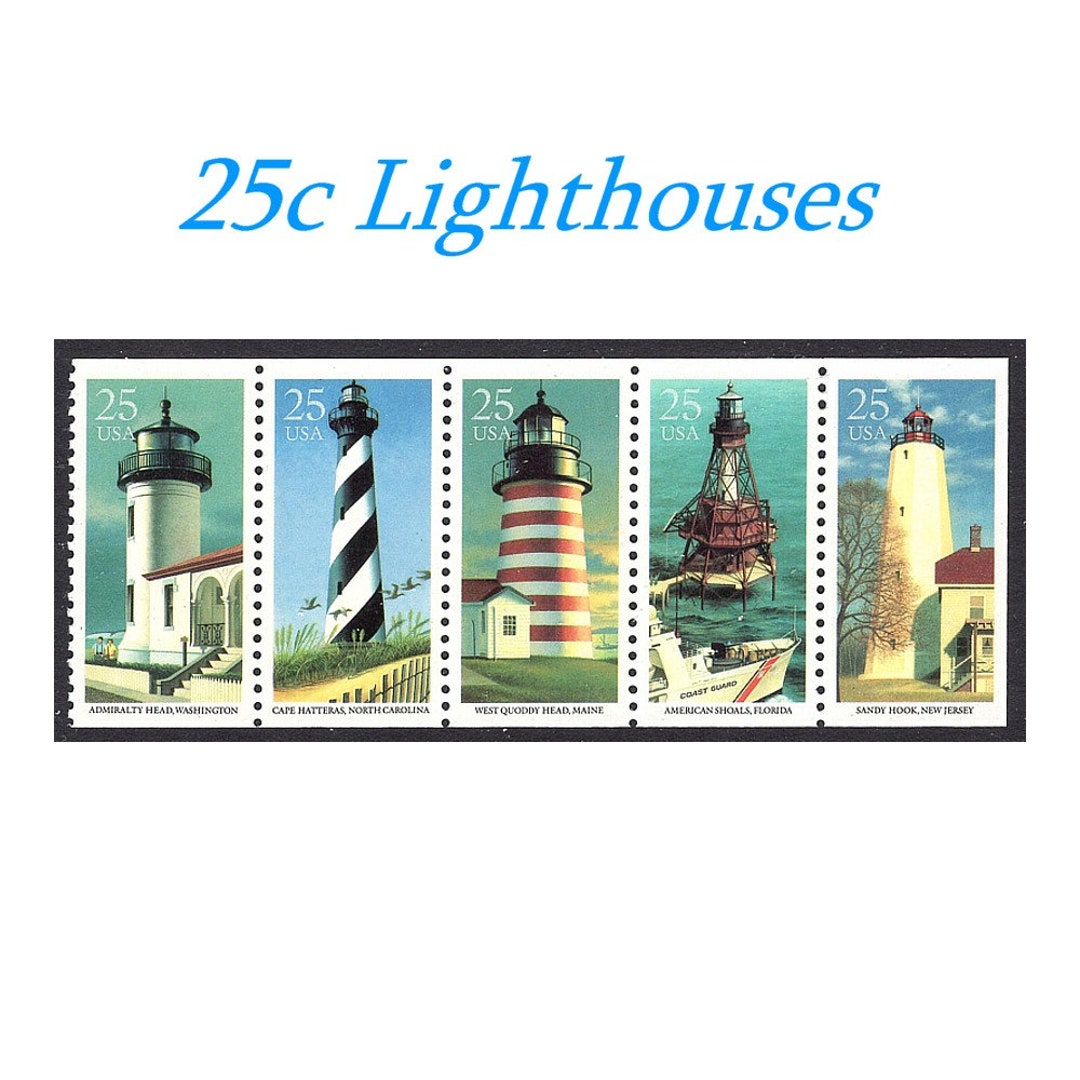 TEN 25c Lighthouse Stamps 2 Sets of 5 Different Lighthouses Vintage
