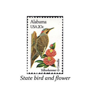 Cinco sellos de aves y flores del estado de ALABAMA 20c / Sello postal vintage no utilizado de EE. UU. / Camelia / Ramo de boda / Novia del sur / Rosa / Amor
