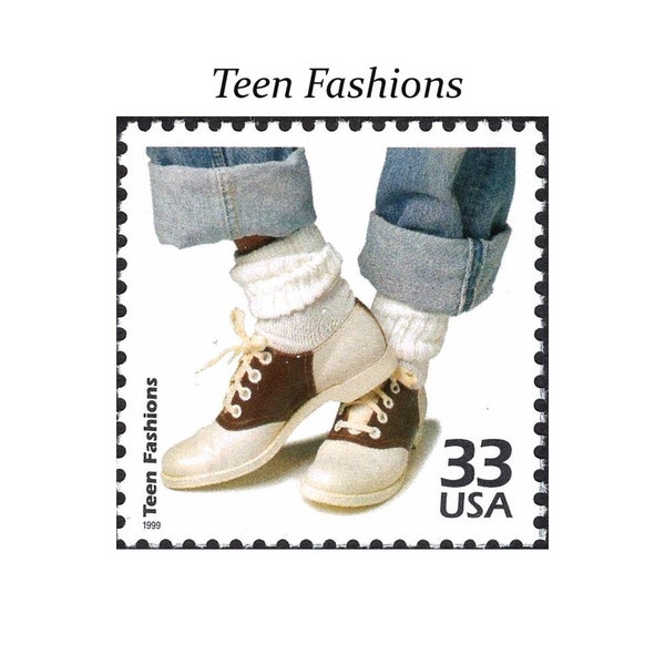 Five 33c Teen Fashion Stamp | Unused US Postage Stamps | Penny Loafer | 1950s | Bobby Socks | Blue Jeans | Poodle skirt | Stamps for mailing