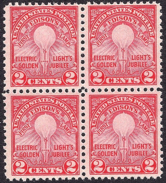 米国ビンテージ切手 1929 年の 2c エジソン電球切手 .. 5 枚パック .. ヴィンテージ未使用