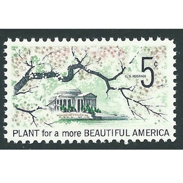 Pack of 10 stamps .. 5c Beautification of America .. Vintage Unused US Postage Stamps .. Washington DC, Cherry Blossoms, Springtime in Bloom