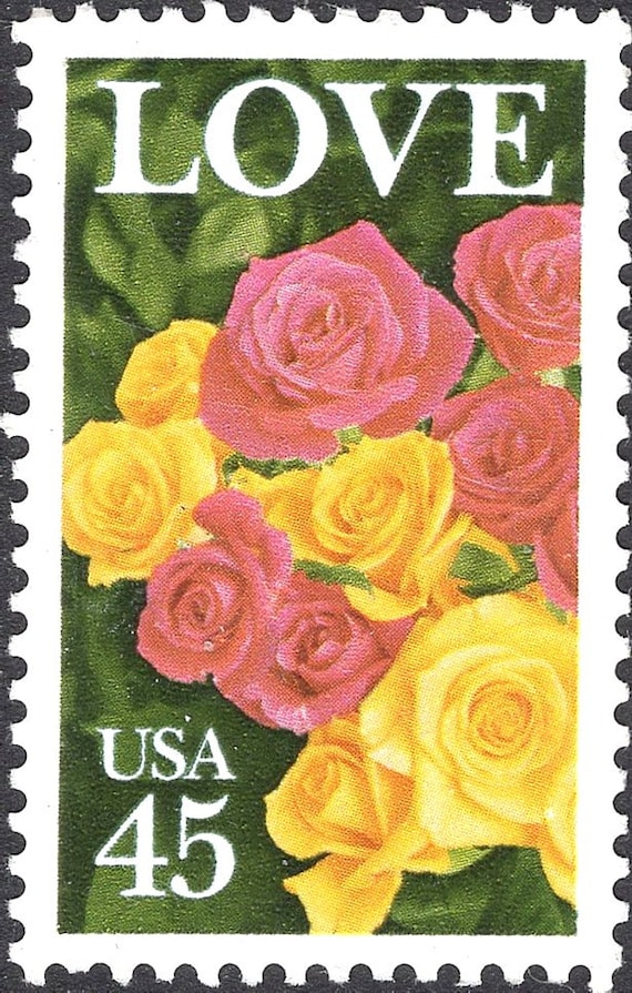 FIVE 45c Pink and Yellow Roses Love Stamps .. Unused US Postage Stamps |  Love Stamp | Wedding Flowers | Valentine | Love Letters Mail | Rose