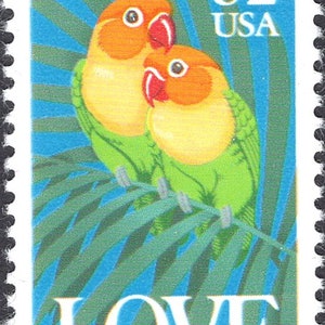 VIJF 52c Love Birds-postzegels... Ongebruikte Amerikaanse postzegels Liefdestempel Dwergpapegaaien Tropische bruiloft verzendkosten Valentijn Liefdesbrieven post afbeelding 2