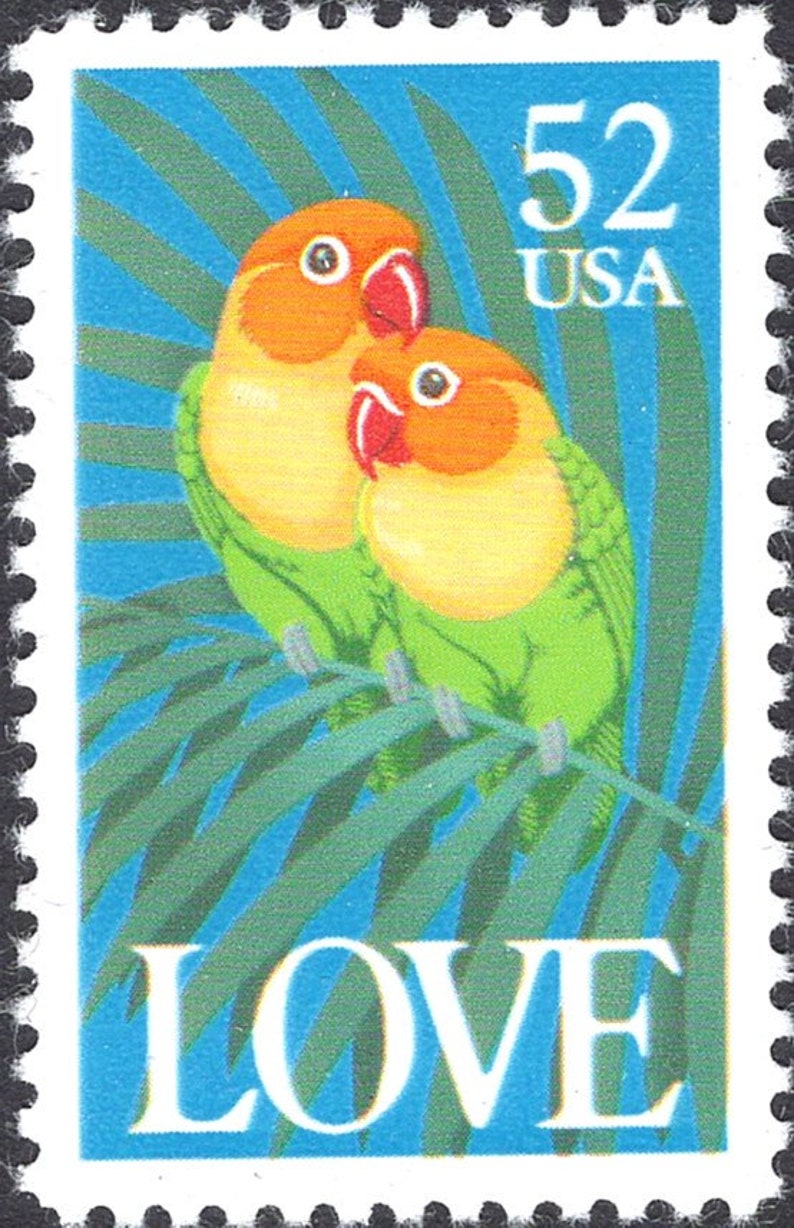 VIJF 52c Love Birds-postzegels... Ongebruikte Amerikaanse postzegels Liefdestempel Dwergpapegaaien Tropische bruiloft verzendkosten Valentijn Liefdesbrieven post afbeelding 2