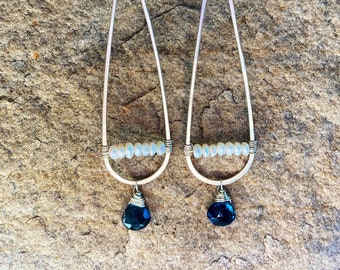 London Blue Topaz and Freshwater Pearl Long Teardrop Sterling Silver Earrings