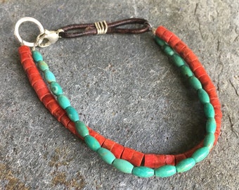 Elisa Turquoise and Apple Coral Leather Bracelet