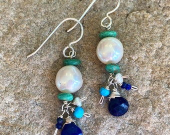 Pearl, Turquoise, and Lapis Earrings