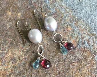 Pearl, Garnet and Blue Apatite Earrings