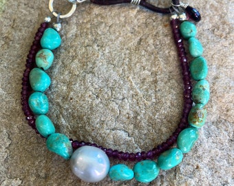 Turquoise, Garnet And Pearl Leather Bracelet