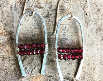 Lucky Horseshoe Earrings wrapped with Rhodolite Garnet