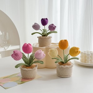 Gehäkelte Blume im Topf, handgemachtes, personalisiertes Geschenk für Lehrer, Hauptdekoration, rosa Tulpe, Schreibtischdekoration, Tulpe im Topf, Tulpenstrauß