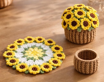 Crochet Flower Coasters with Cart Basket Holder Floral, Crochet Sunflower Lily of the Valley Rose Home Decor Gift House Warming Cup Mug