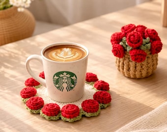 Crochet Flower Coasters with Cart Basket Holder Floral, Crochet Sunflower Lily of the Valley Rose Home Decor Gift House Warming Cup Mug