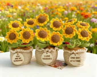 Crochet Sunflower in Pot: Handmade Home Decor with Custom Tag