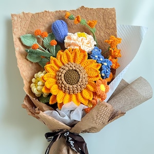 かぎ針編みの花束、手作り、ひまわり、室内装飾、完成品、母親、記念日、誕生日、ガールフレンド、友人への贈り物