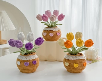 Crochet Tulip Flower Pot, Home Decor with Affirmation Tag