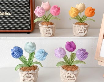 Crochet  Tulip/Rose Flower Pot: Handmade Desk Decor with Positive Affirmation