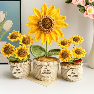 Peut inclure: Composition de tournesols crochetés, avec une grande fleur centrale et plusieurs petites fleurs dans des pots tissés. Chaque pot porte une étiquette en bois avec un message positif. Les tournesols sont jaunes et bruns, avec des feuilles vertes.