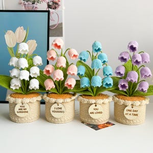 Crochet Flower in Pot, Crochet Lily of the Valley, Crochet lily, Graduation Gift, Birthday Gifts, Gift for Her with Custom Tags