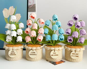 Crochet Flower in Pot, Crochet Lily of the Valley, Crochet lily, Graduation Gift, Birthday Gifts, Gift for Her with Custom Tags