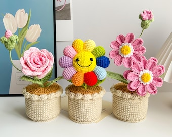 Crochet Flowers in Pot: Handmade Rose, Sunflower, Lily of the Valley