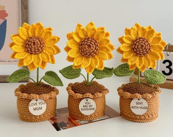 Pianta di girasole all'uncinetto, girasole in vaso, arredamento per la casa, incoraggiamento affermazioni positive quotidiane, regalo di compleanno con etichette personalizzate
