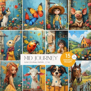 AI Midjourney Prompts Illustrazioni colorate Vita in fattoria giocosa Carta per diario spazzatura, Scrapbooking primaverile Immagini artistiche della natura animale Guida v6