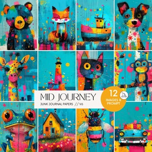AI Midjourney Prompts Illustrazioni colorate Divertenti carte per diario spazzatura, Immagini artistiche di animali e vita di scrapbooking dipinte in modo vivace Guida v6