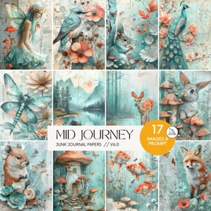 AI Midjourney Prompts Sprookjesbos Illustraties Junk Journal Papers, Floral Teal & Pink Scrapbooking Woodland Animal Art Images Guide v6