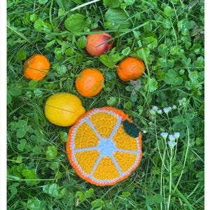 Puede incluir: Una imagen vibrante de fruta fresca y un posavasos hecho a mano sobre un lecho de hierba verde. La fruta incluye naranjas, un limón y una manzana. El posavasos está tejido a ganchillo en forma de rodaja de naranja, con colores amarillo, naranja y azul.