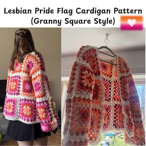 Puede incluir: Cárdigan hecho a mano, estilo granny square, con los colores de la bandera del orgullo lésbico. La chaqueta de ganchillo presenta cuadrados rosas, naranjas y blancos, con el texto "Lesbian Pride Flag Cardigan Pattern (Granny Square Style)" en la parte superior.