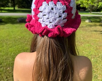 Crochet Bucket Hat Granny Square Pattern Pink and Burgundy Adult Size Handmade Crochet Bucket Hat Granny Square Pattern Pink and Burgundy  main image 4