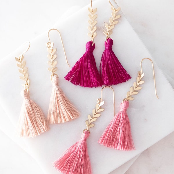 Gold Dangle and Pink Tassel Earrings