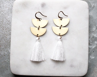 White Tassel Earrings, Modern Tassel Earrings, Modern Gold Earrings, Half Moon Earrings, Semicircle Earrings, Dangle Drop Earrings, Brass,