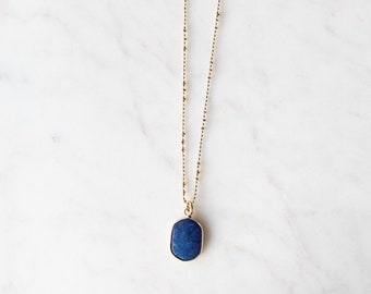 Blue Lapis Stone Pendant Necklace on a Long 32 Inch Chain