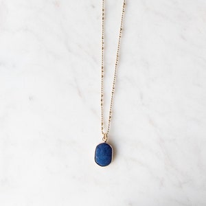 Blue Lapis Stone Pendant Necklace on a Long 32 Inch Chain