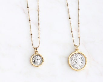 Silver and Gold Coin Necklace on Long Chain