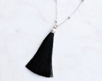 Black Tassel Necklace, Silver Chain, Long Silver Necklace, Boho Necklace, Silver Necklace, Gift for Her, Minimalist Necklace, Simple Tassel