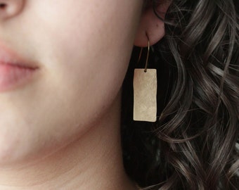 Hammered Brass Geometric Earrings in Gold Color Minimalist Style | Choose Rectangle or Oval
