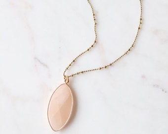 Rose Quartz Necklace, Rose Quartz Pendant on Long 32 Inch Chain